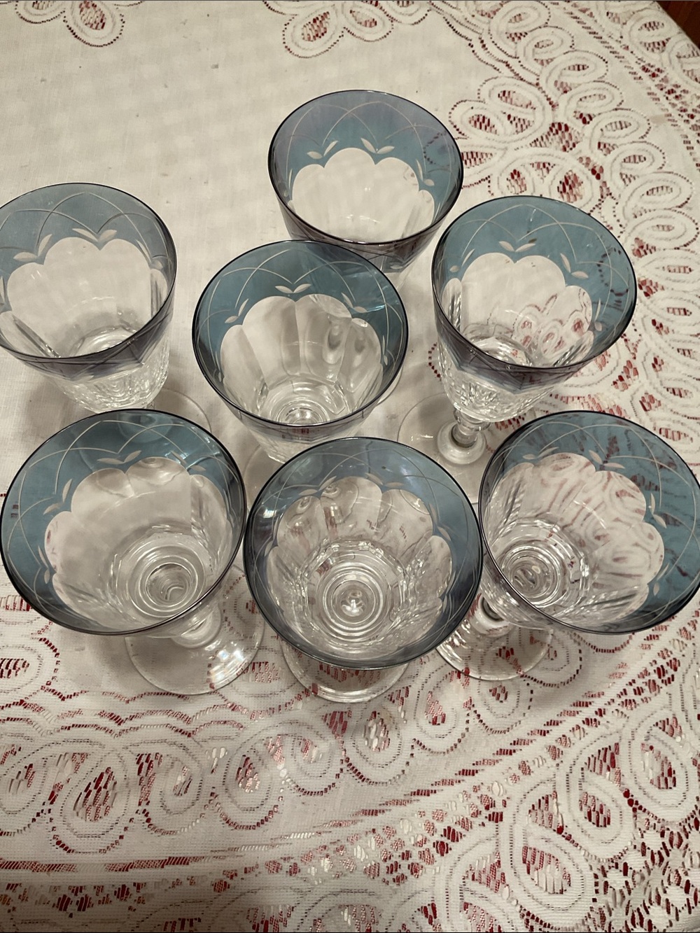Lenox Blue-Trim Etched Crystal Goblets - Set of 7